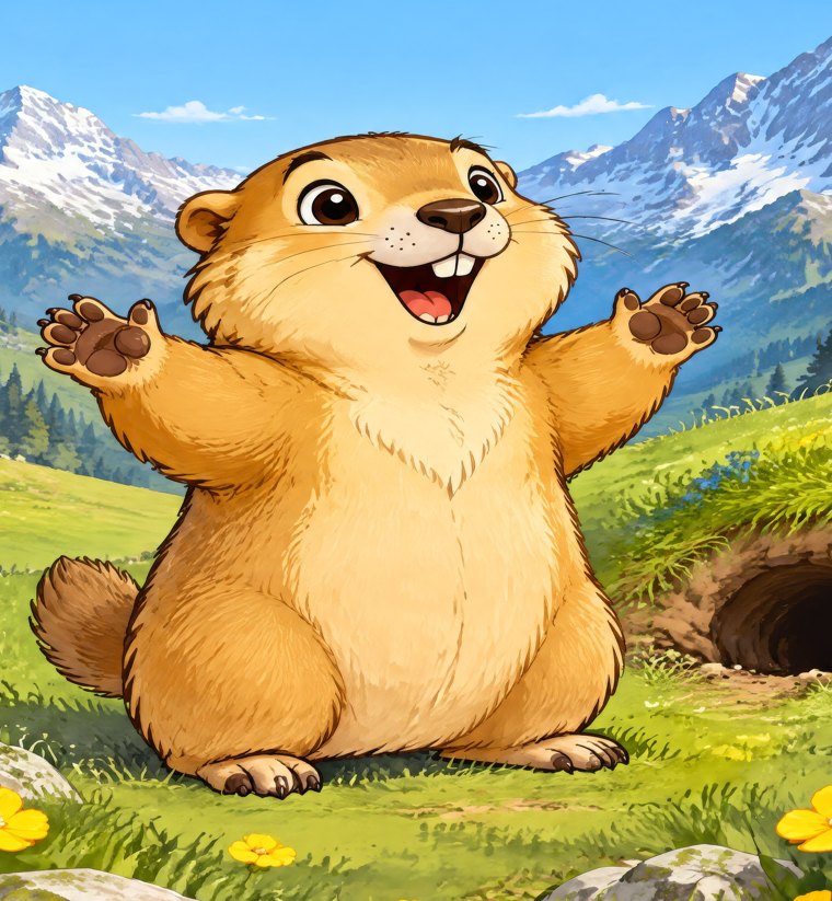 Mimi la marmotte dans une prairie fleurie des Alpes